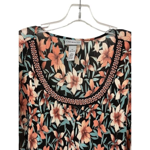 Catherines Floral Blouse Keyhole Beaded Cold Shoulder Size 4X 30-32W - Picture 2 of 6